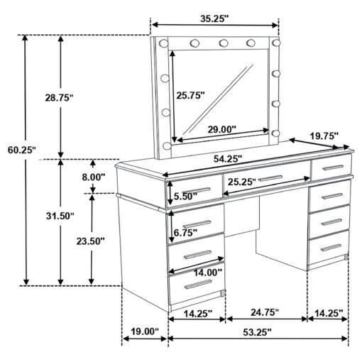 Felicity 9-drawer Vanity Table Lighted Mirror Glossy White - Image 6